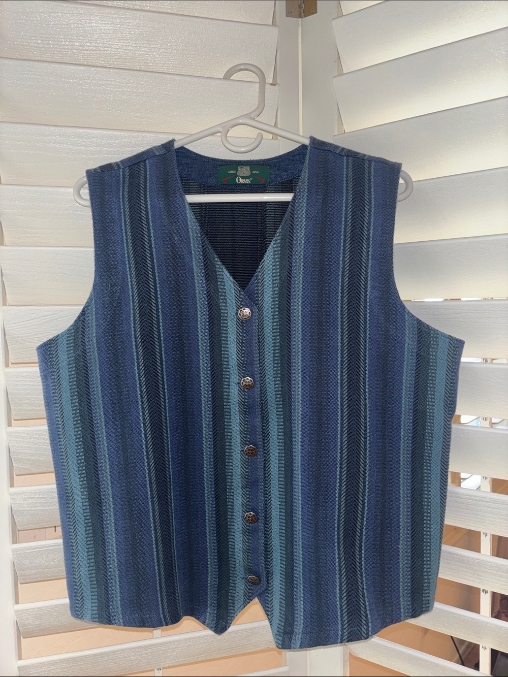 Orvis Navy and Light Blue Striped Button Vest Bohemian, Western , Gypsy  Style